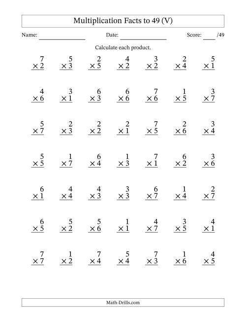 The Multiplication Facts to 49 (49 Questions) (No Zeros) (V) Math Worksheet