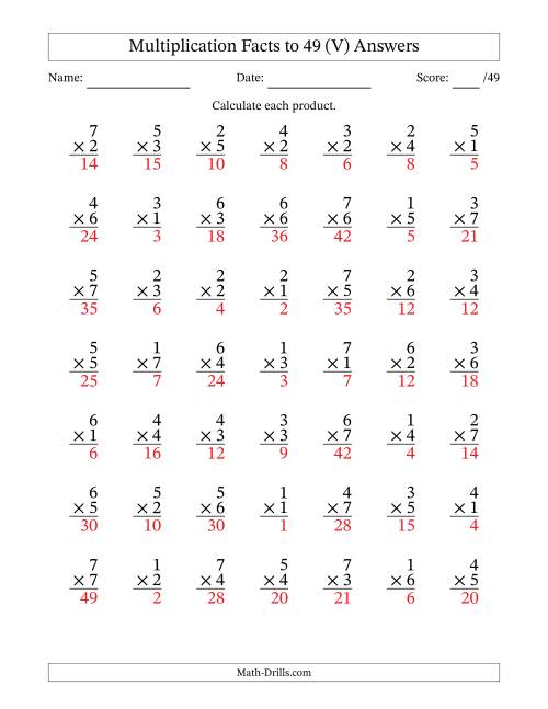 The Multiplication Facts to 49 (49 Questions) (No Zeros) (V) Math Worksheet Page 2