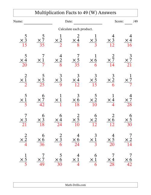 The Multiplication Facts to 49 (49 Questions) (No Zeros) (W) Math Worksheet Page 2