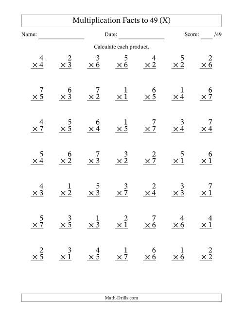 The Multiplication Facts to 49 (49 Questions) (No Zeros) (X) Math Worksheet