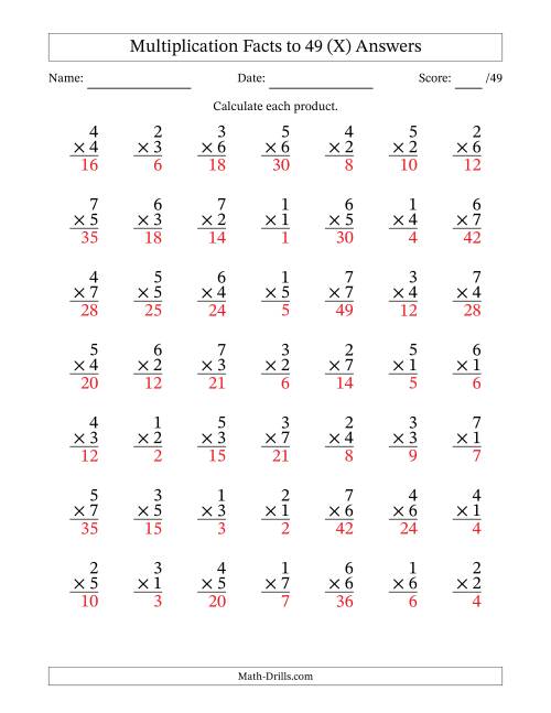 The Multiplication Facts to 49 (49 Questions) (No Zeros) (X) Math Worksheet Page 2