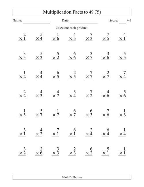 The Multiplication Facts to 49 (49 Questions) (No Zeros) (Y) Math Worksheet