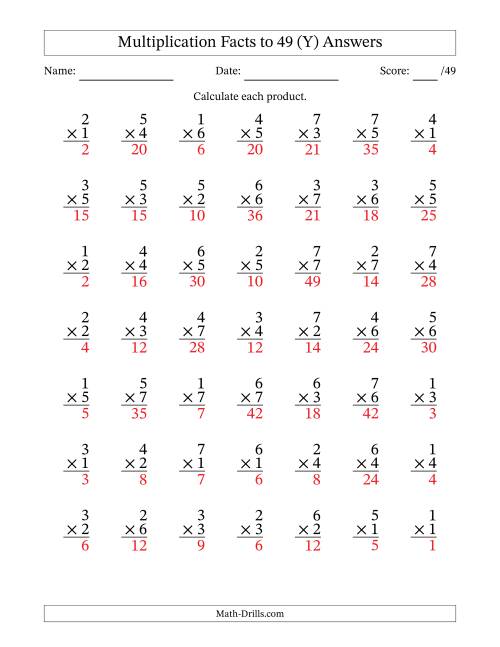 The Multiplication Facts to 49 (49 Questions) (No Zeros) (Y) Math Worksheet Page 2