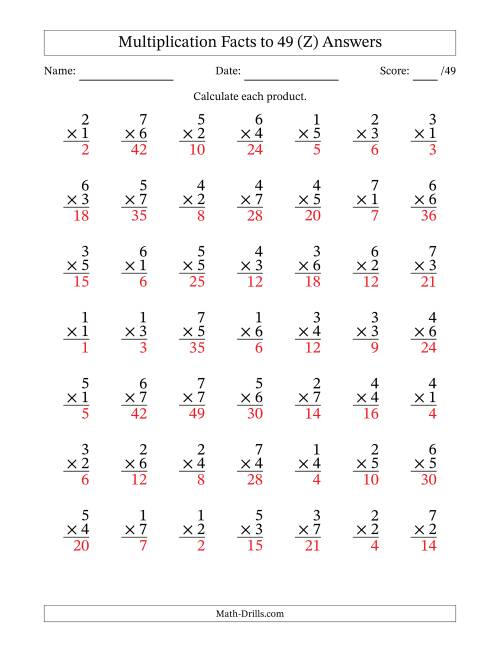 The Multiplication Facts to 49 (49 Questions) (No Zeros) (Z) Math Worksheet Page 2