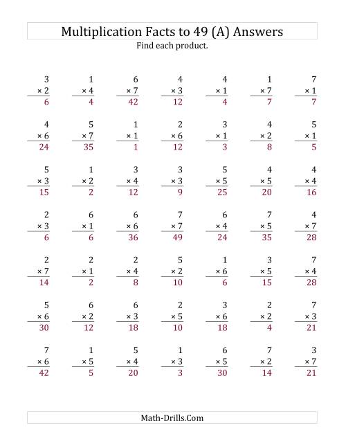 The Multiplication Facts to 49 No Zeros (Old) Math Worksheet Page 2