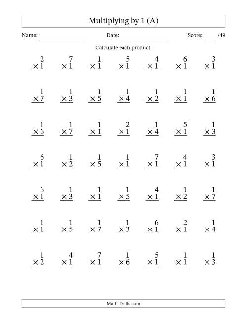 The Multiplying (1 to 7) by 1 (49 Questions) (A) Math Worksheet