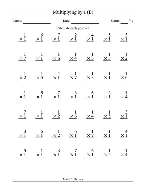 The Multiplying (1 to 7) by 1 (49 Questions) (B) Math Worksheet