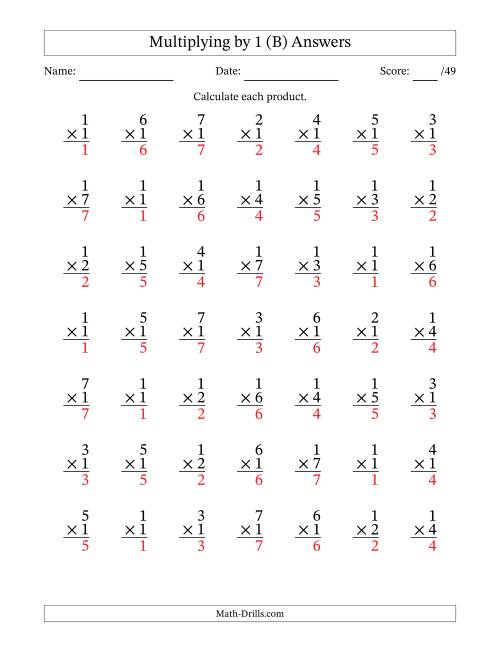 The Multiplying (1 to 7) by 1 (49 Questions) (B) Math Worksheet Page 2