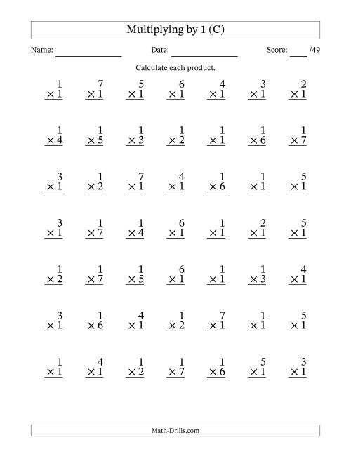 The Multiplying (1 to 7) by 1 (49 Questions) (C) Math Worksheet