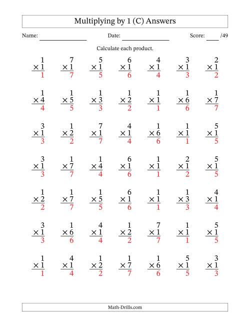 The Multiplying (1 to 7) by 1 (49 Questions) (C) Math Worksheet Page 2