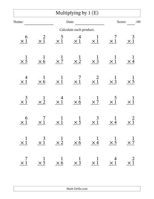 The Multiplying (1 to 7) by 1 (49 Questions) (E) Math Worksheet