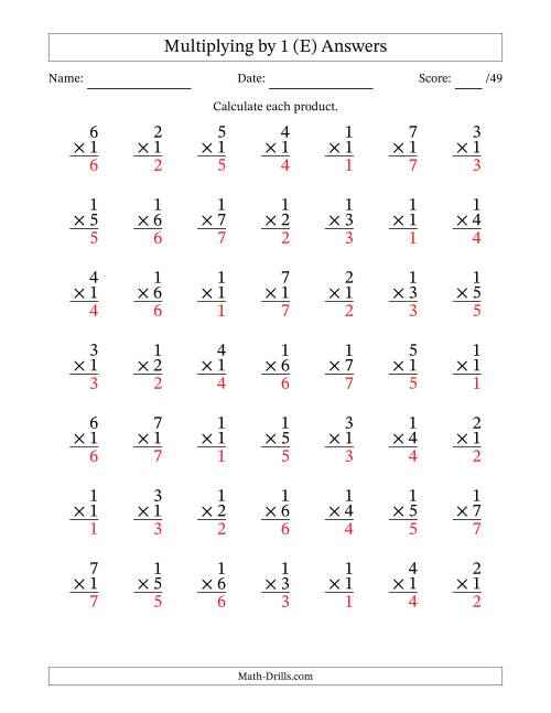 The Multiplying (1 to 7) by 1 (49 Questions) (E) Math Worksheet Page 2
