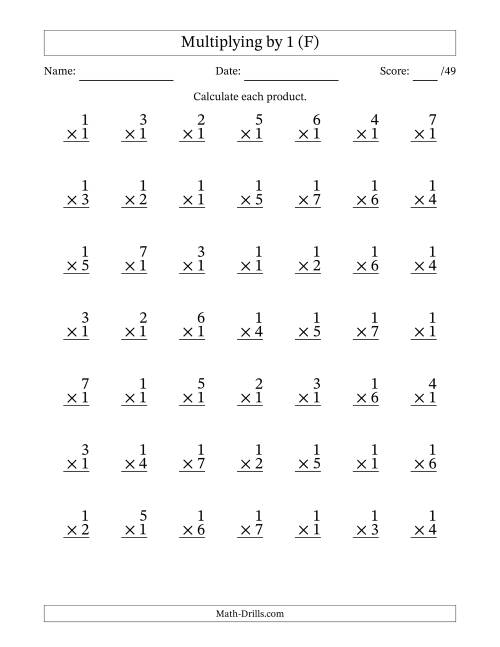 The Multiplying (1 to 7) by 1 (49 Questions) (F) Math Worksheet