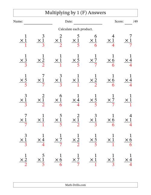 The Multiplying (1 to 7) by 1 (49 Questions) (F) Math Worksheet Page 2