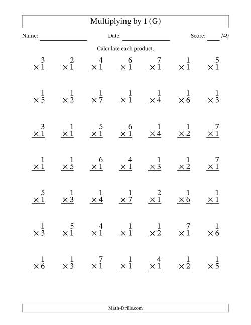 The Multiplying (1 to 7) by 1 (49 Questions) (G) Math Worksheet