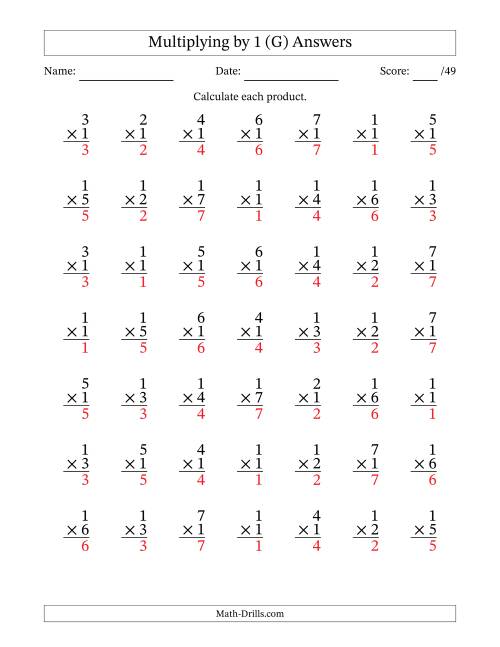 The Multiplying (1 to 7) by 1 (49 Questions) (G) Math Worksheet Page 2