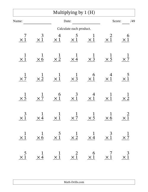 The Multiplying (1 to 7) by 1 (49 Questions) (H) Math Worksheet