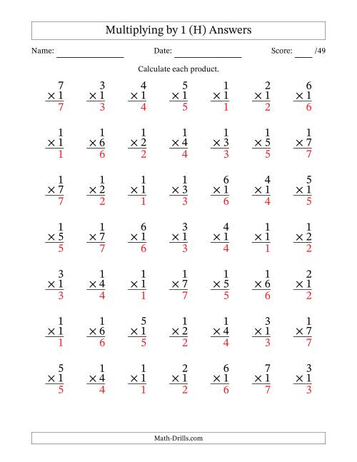 The Multiplying (1 to 7) by 1 (49 Questions) (H) Math Worksheet Page 2
