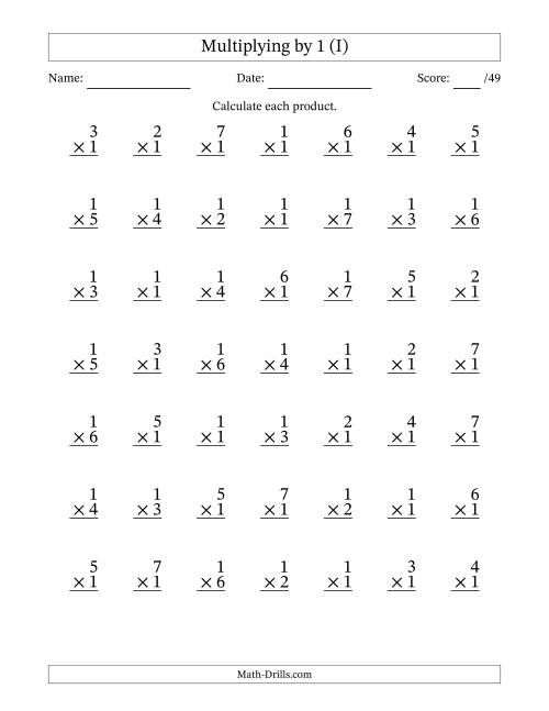 The Multiplying (1 to 7) by 1 (49 Questions) (I) Math Worksheet