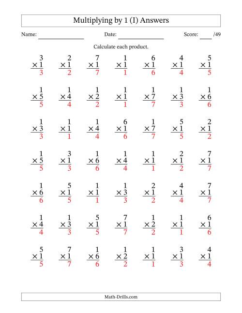 The Multiplying (1 to 7) by 1 (49 Questions) (I) Math Worksheet Page 2