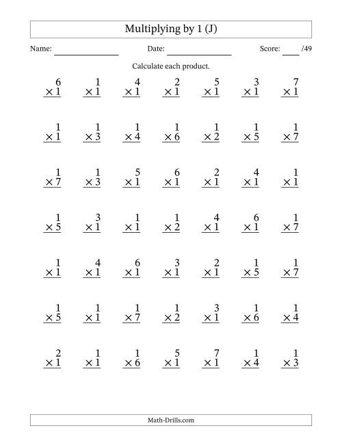 The Multiplying (1 to 7) by 1 (49 Questions) (J) Math Worksheet
