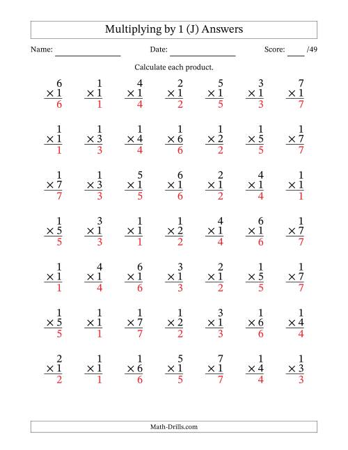 The Multiplying (1 to 7) by 1 (49 Questions) (J) Math Worksheet Page 2