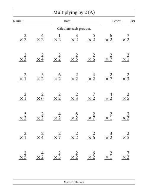 The Multiplying (1 to 7) by 2 (49 Questions) (A) Math Worksheet