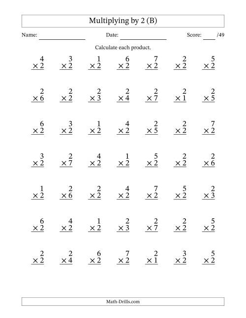 The Multiplying (1 to 7) by 2 (49 Questions) (B) Math Worksheet