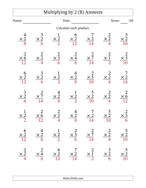 The Multiplying (1 to 7) by 2 (49 Questions) (B) Math Worksheet Page 2