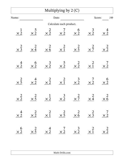 The Multiplying (1 to 7) by 2 (49 Questions) (C) Math Worksheet
