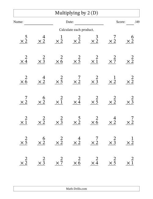 The Multiplying (1 to 7) by 2 (49 Questions) (D) Math Worksheet