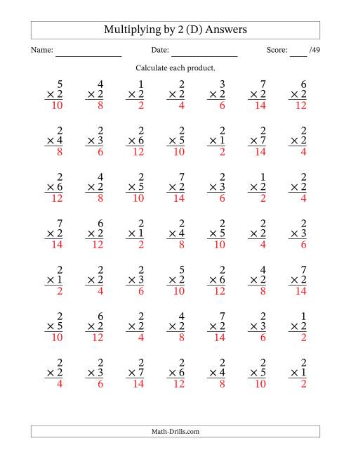 The Multiplying (1 to 7) by 2 (49 Questions) (D) Math Worksheet Page 2