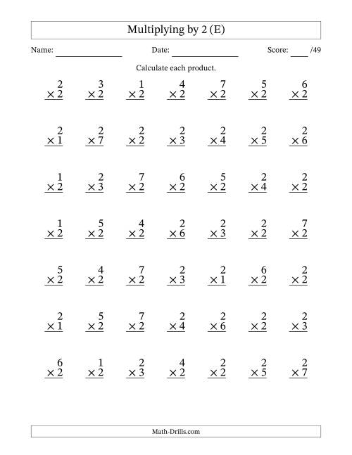 The Multiplying (1 to 7) by 2 (49 Questions) (E) Math Worksheet