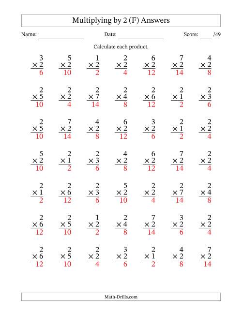 The Multiplying (1 to 7) by 2 (49 Questions) (F) Math Worksheet Page 2