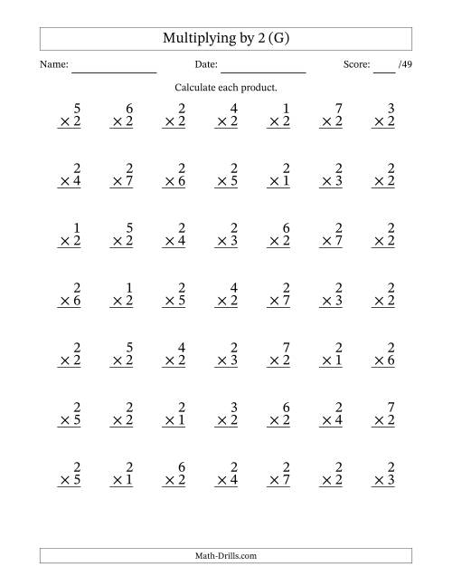 The Multiplying (1 to 7) by 2 (49 Questions) (G) Math Worksheet