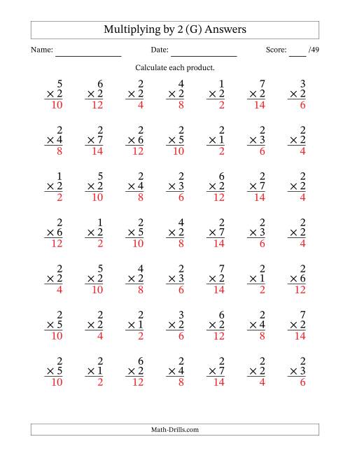 The Multiplying (1 to 7) by 2 (49 Questions) (G) Math Worksheet Page 2
