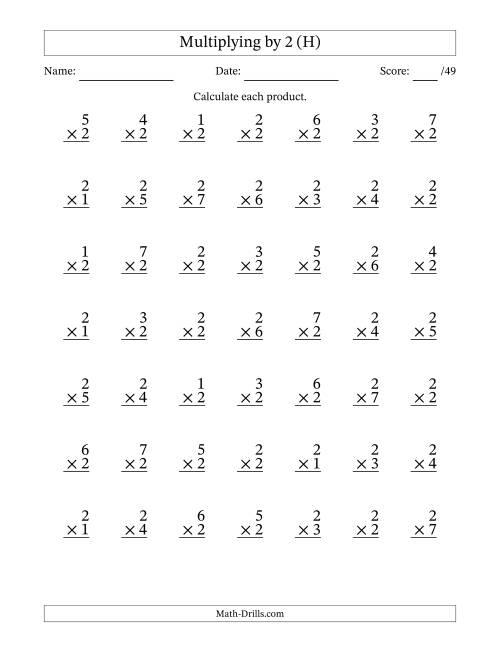 The Multiplying (1 to 7) by 2 (49 Questions) (H) Math Worksheet