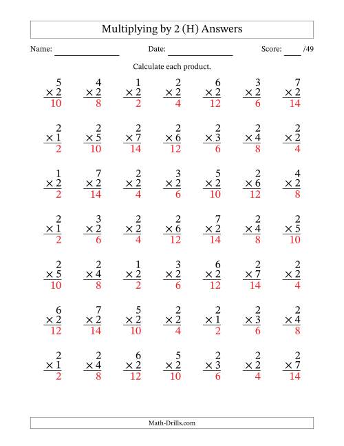The Multiplying (1 to 7) by 2 (49 Questions) (H) Math Worksheet Page 2