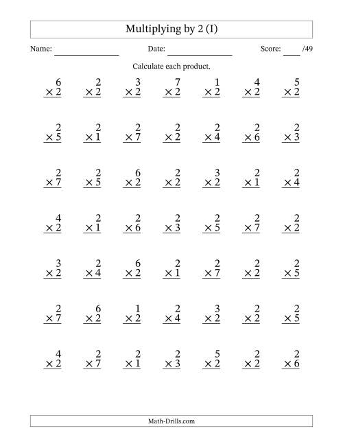 The Multiplying (1 to 7) by 2 (49 Questions) (I) Math Worksheet
