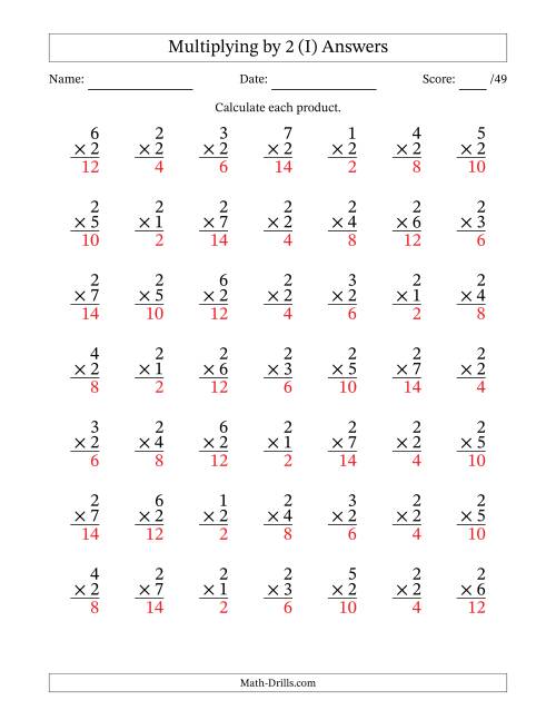 The Multiplying (1 to 7) by 2 (49 Questions) (I) Math Worksheet Page 2