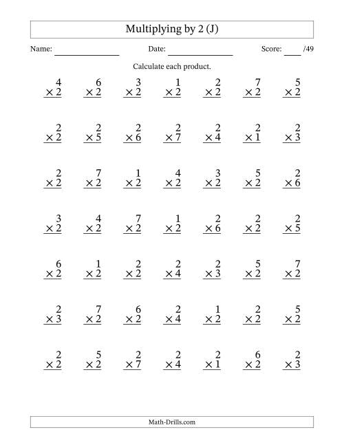 The Multiplying (1 to 7) by 2 (49 Questions) (J) Math Worksheet