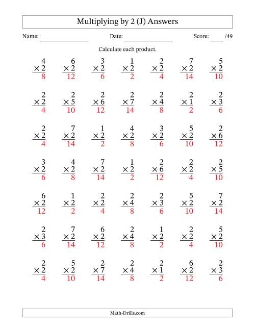The Multiplying (1 to 7) by 2 (49 Questions) (J) Math Worksheet Page 2