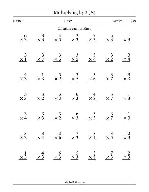The Multiplying (1 to 7) by 3 (49 Questions) (A) Math Worksheet