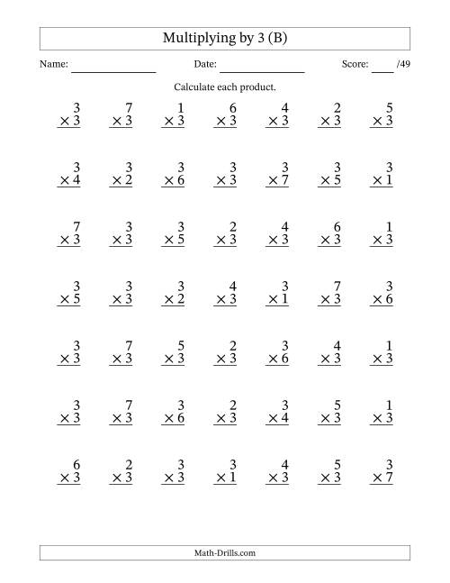 The Multiplying (1 to 7) by 3 (49 Questions) (B) Math Worksheet