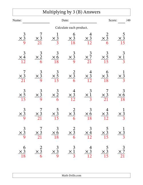 The Multiplying (1 to 7) by 3 (49 Questions) (B) Math Worksheet Page 2