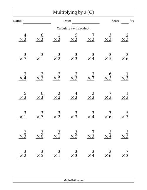 The Multiplying (1 to 7) by 3 (49 Questions) (C) Math Worksheet