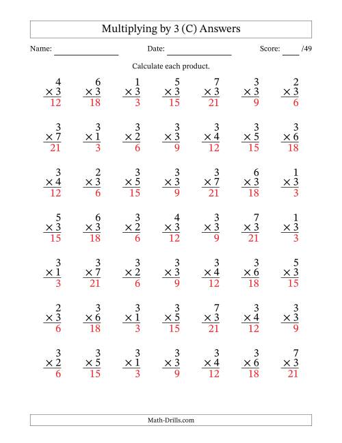 The Multiplying (1 to 7) by 3 (49 Questions) (C) Math Worksheet Page 2