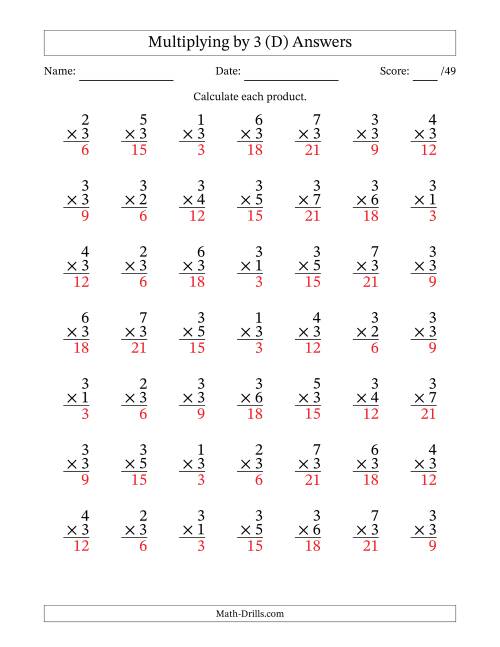 The Multiplying (1 to 7) by 3 (49 Questions) (D) Math Worksheet Page 2