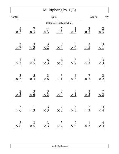 The Multiplying (1 to 7) by 3 (49 Questions) (E) Math Worksheet