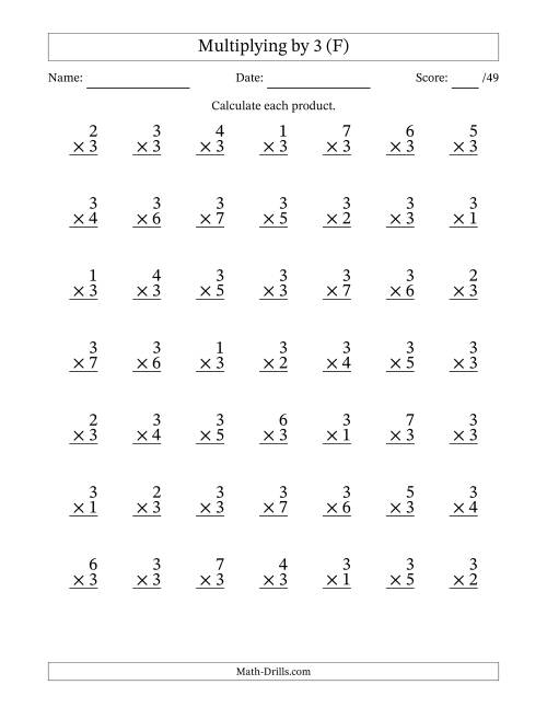 The Multiplying (1 to 7) by 3 (49 Questions) (F) Math Worksheet